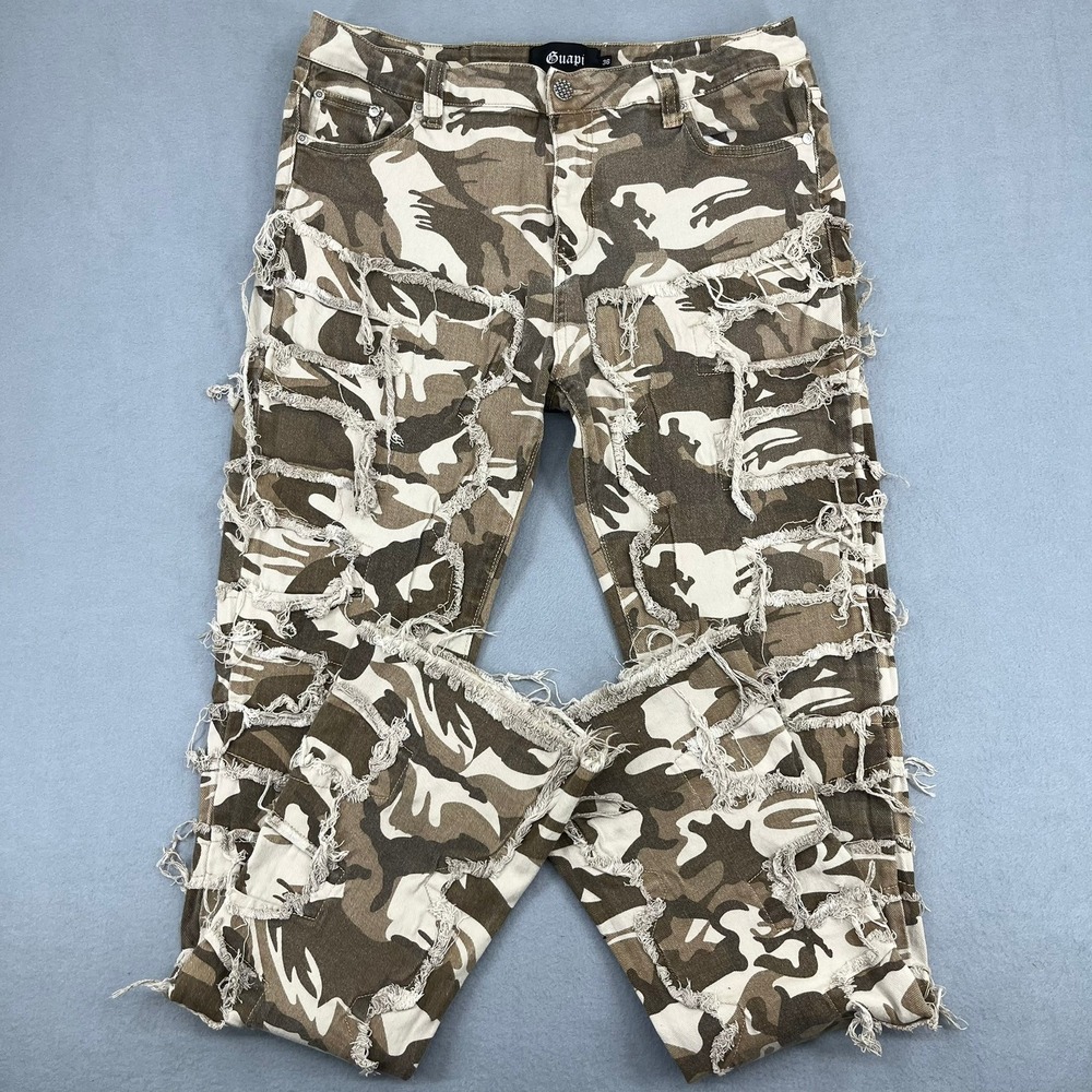 Guapi Mens Camouflage Distressed Frayed Streetwear Pants Size 36 Camo